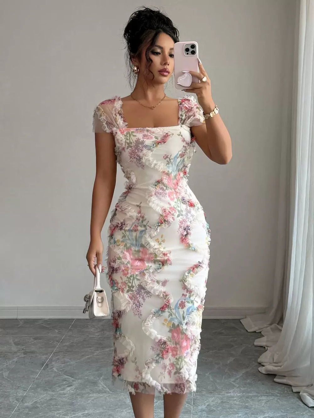 ZARA Elegant Romantic Mesh Floral Print Ruffled Fitted Dress